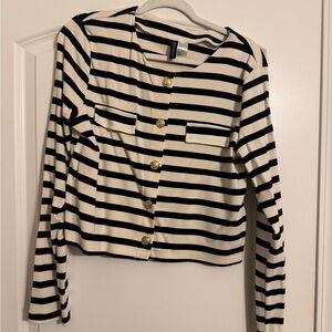 H&M Black and Cream Striped Cardigan with Gold Button